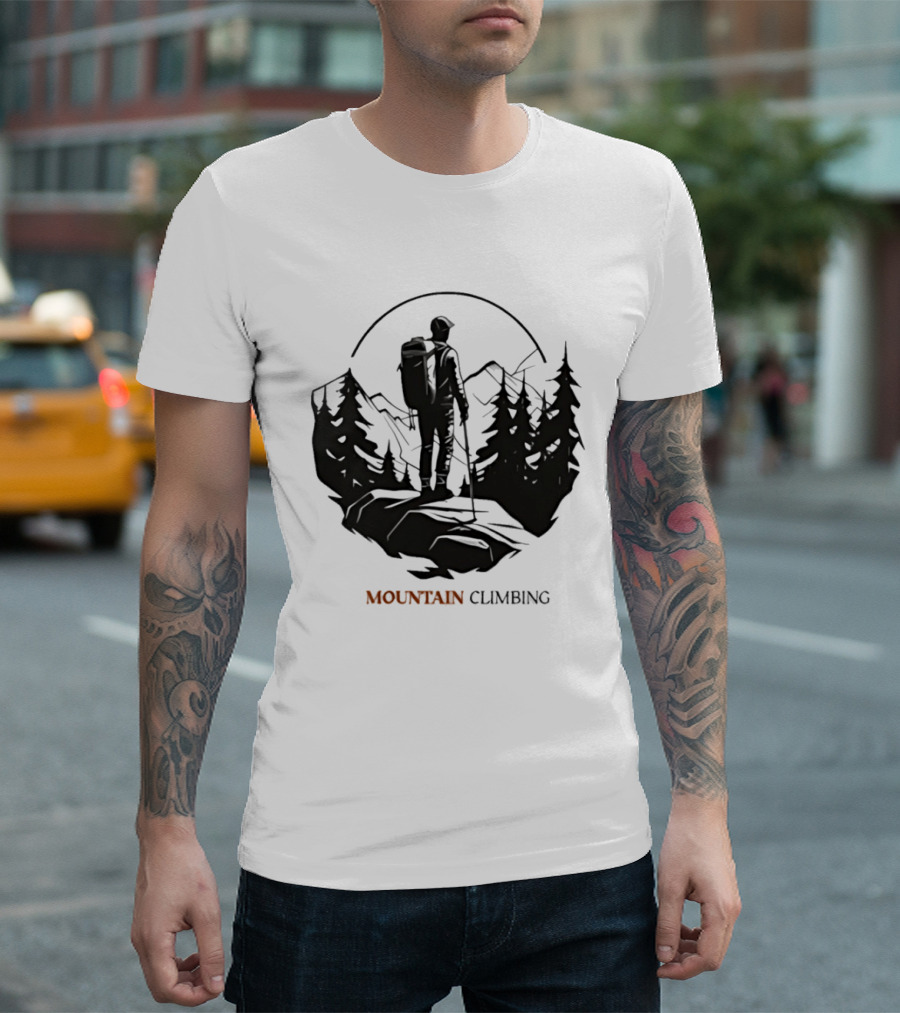 Mountain Climbing Adventure Climber On Cliff Overlooking Mountain And Forest T-Shirt
