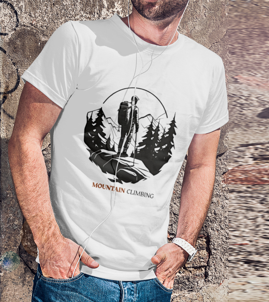 Mountain Climbing Adventure Climber On Cliff Overlooking Mountain And Forest T-Shirt