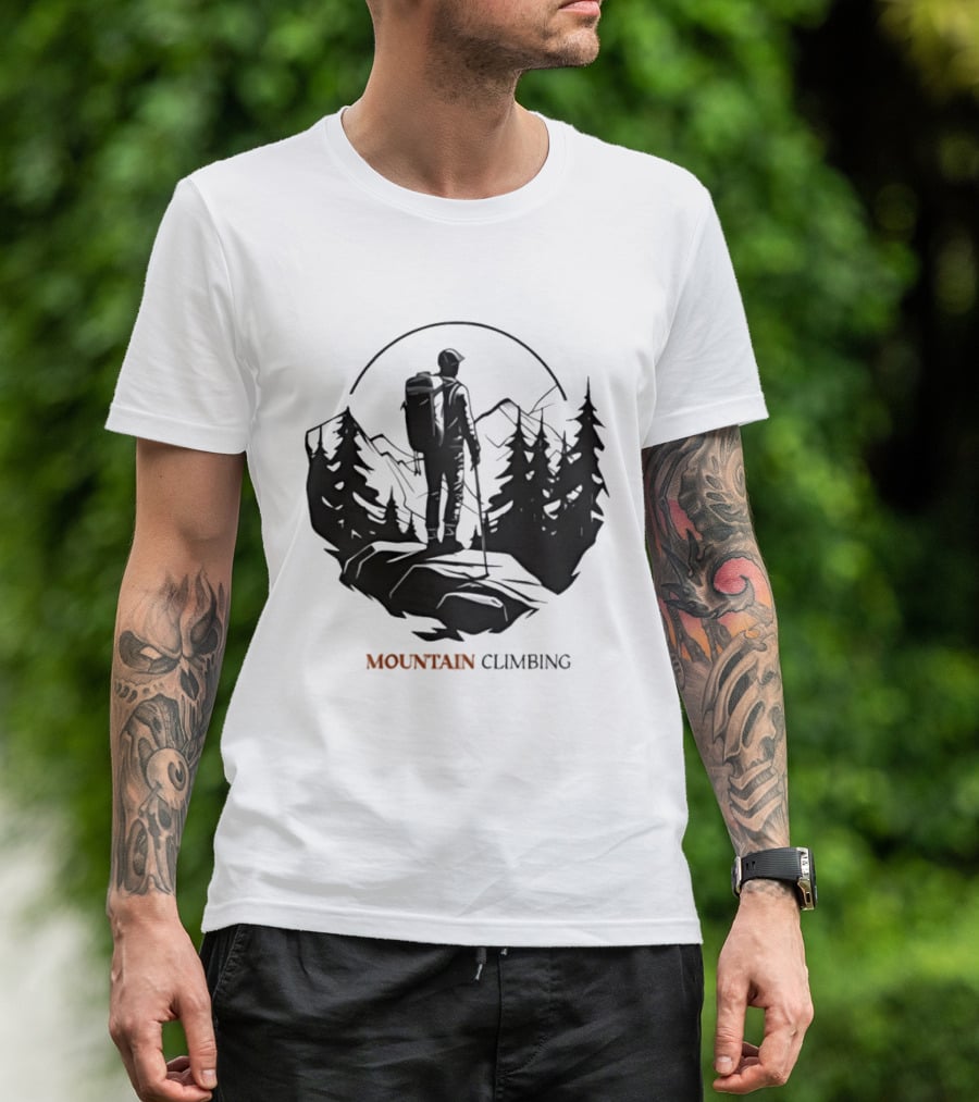 Mountain Climbing Adventure Climber On Cliff Overlooking Mountain And Forest T-Shirt