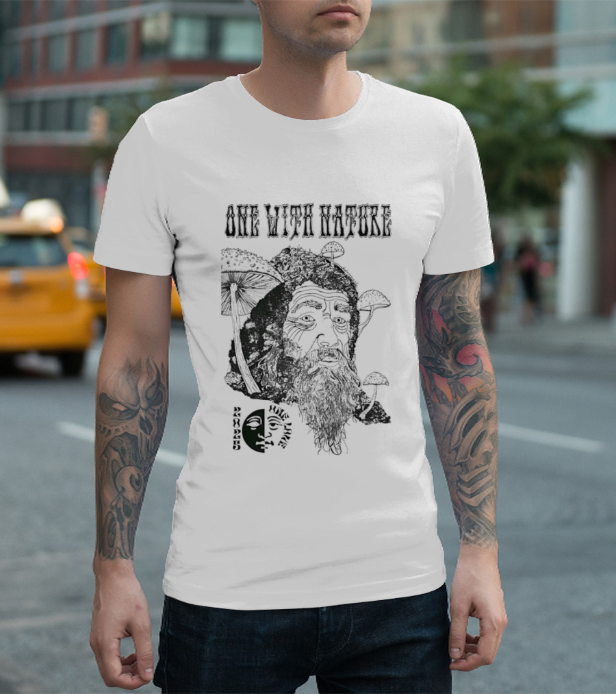 One With Nature Mushroom Face With Beard And Mushrooms T-Shirt
