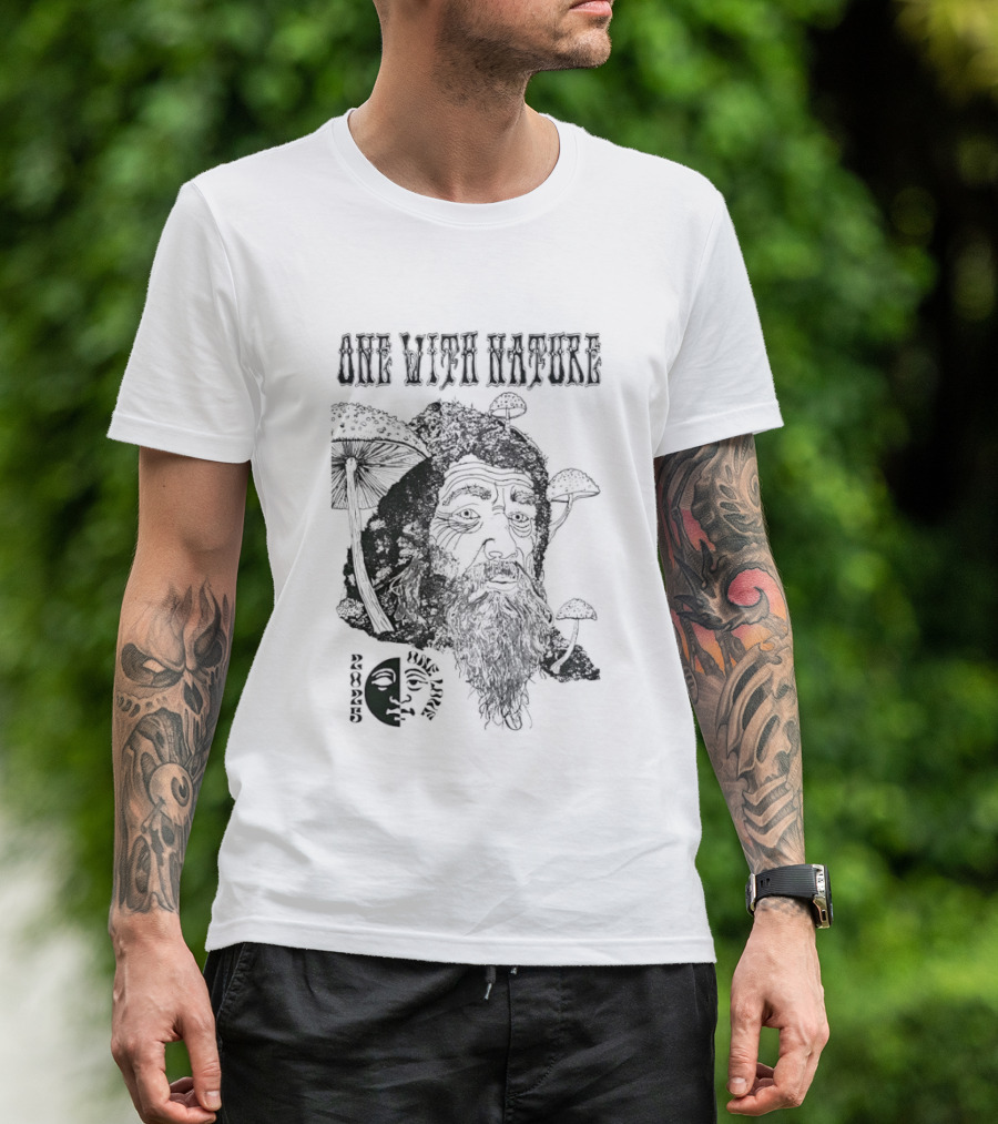 One With Nature Mushroom Face With Beard And Mushrooms T-Shirt