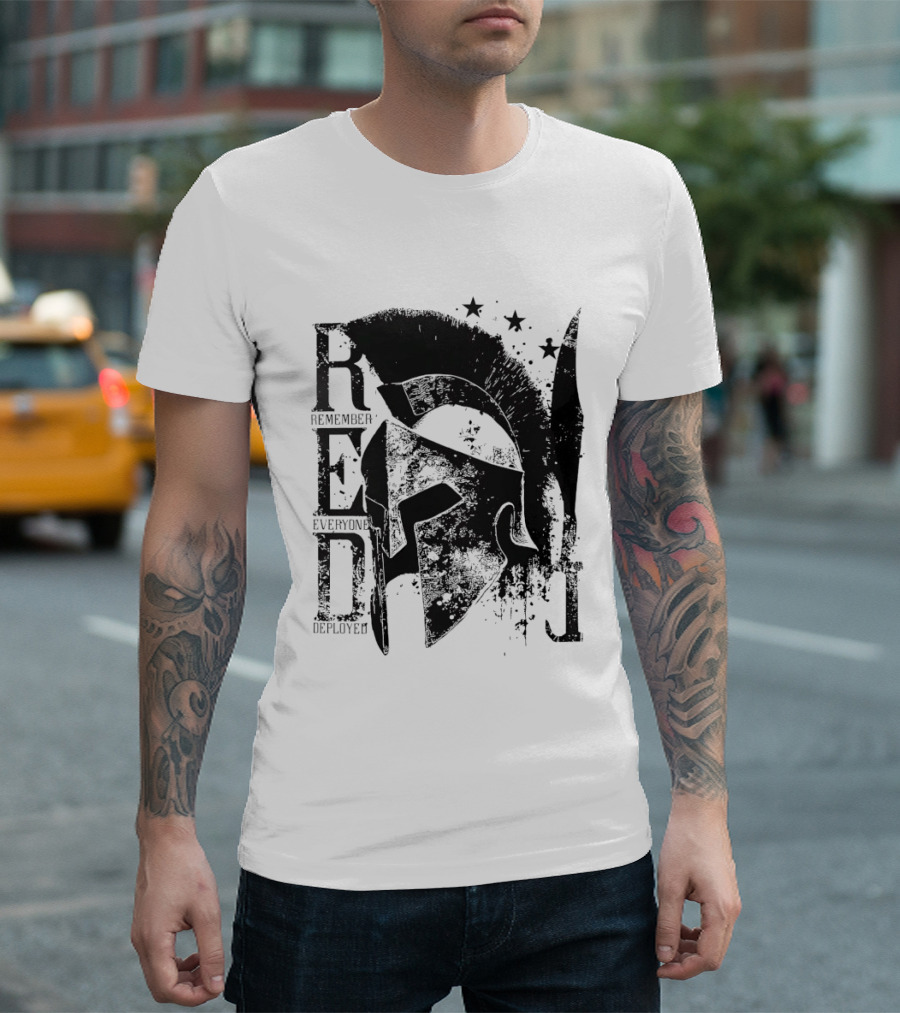 R.E.D. Remember Everyone Deployed Spartan Helmet Stars T-Shirt
