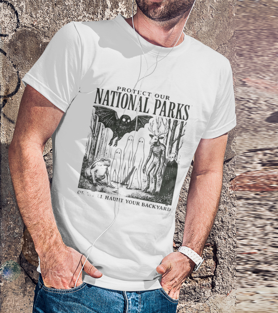 Protect Our National Parks Mothman Bigfoot Ghost Deer Cryptid Horror Characters T-Shirt