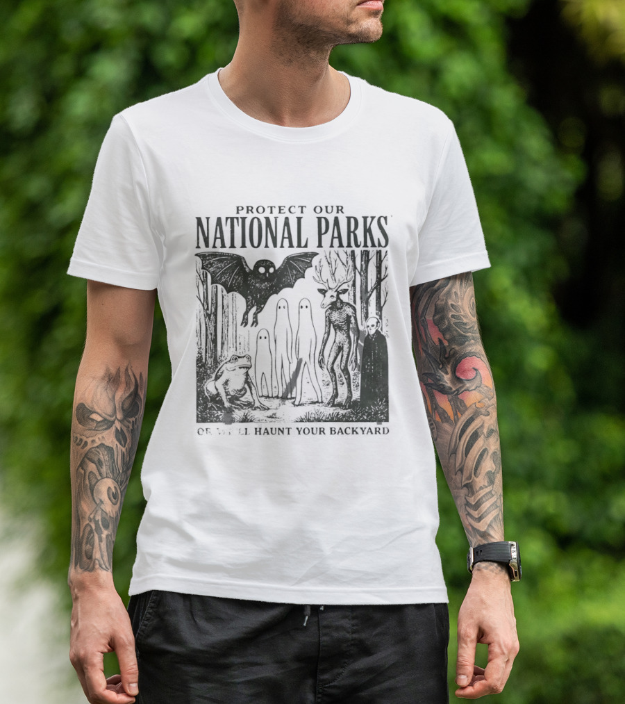 Protect Our National Parks Mothman Bigfoot Ghost Deer Cryptid Horror Characters T-Shirt