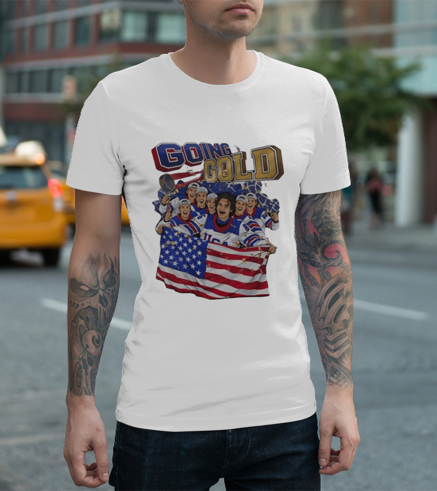 GOING GOLD USA Hockey Team Celebration With Flag T-Shirt