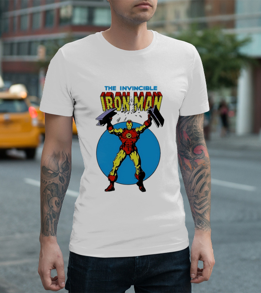 The Invincible Iron Man Bending Iron Bar Marvel Comic T-Shirt