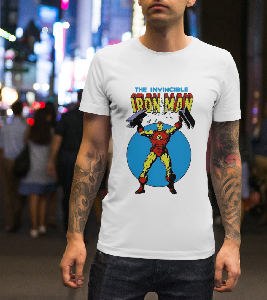 The Invincible Iron Man Bending Iron Bar Marvel Comic T-Shirt