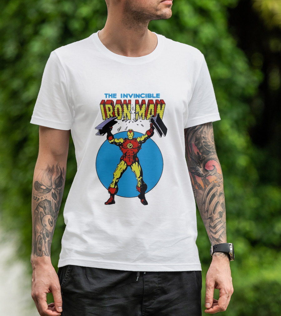 The Invincible Iron Man Bending Iron Bar Marvel Comic T-Shirt