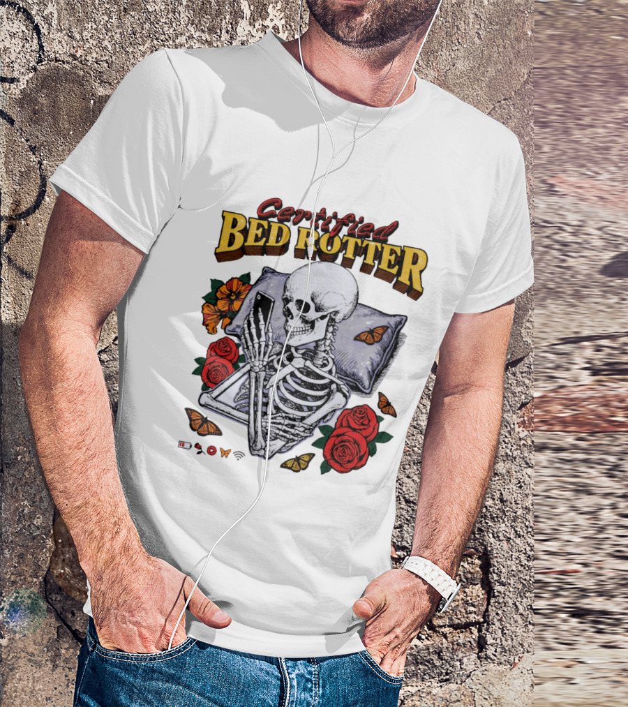 Certified Bed Rotter Skeleton Smartphone Butterfly Rose T-Shirt