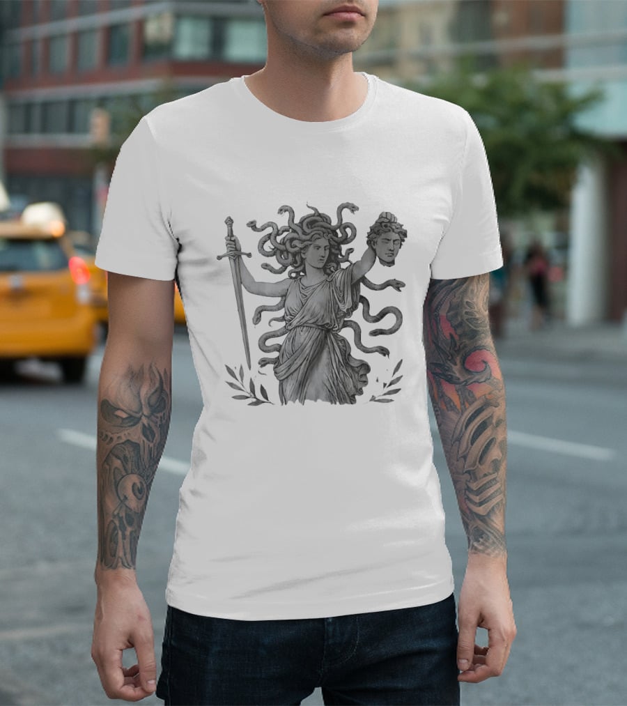 Medusa Holding Sword And Michael Head With Serpent Hair T-Shirt