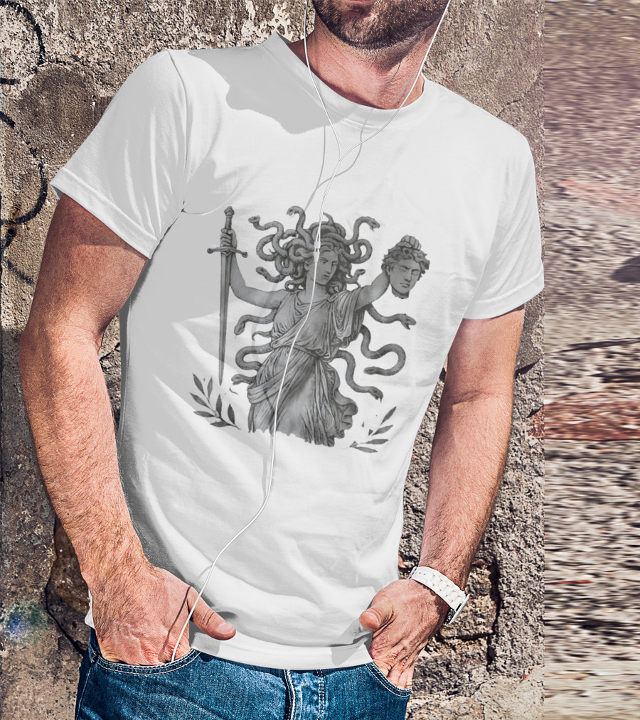 Medusa Holding Sword And Michael Head With Serpent Hair T-Shirt
