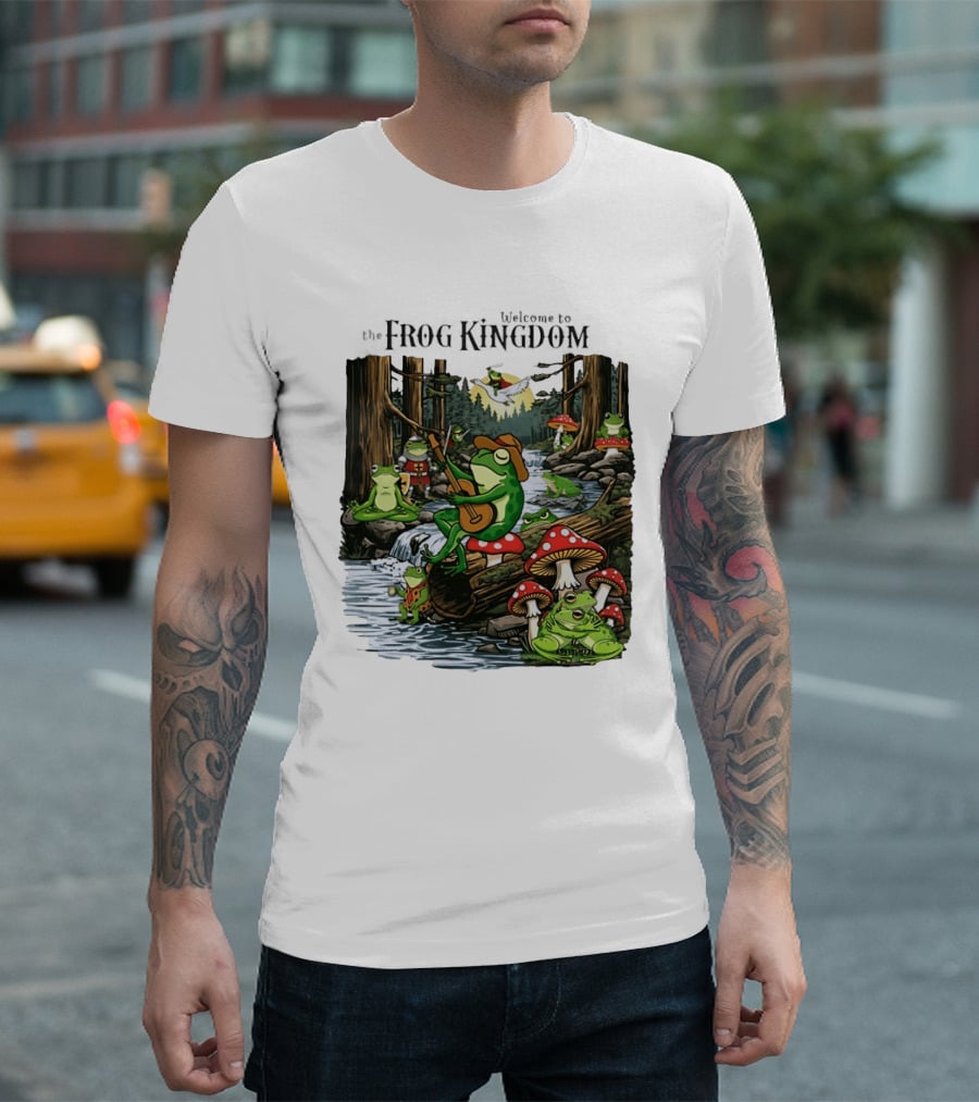 Frog Playing Guitar Forest Gathering Welcome To The Frog Kingdom T-Shirt