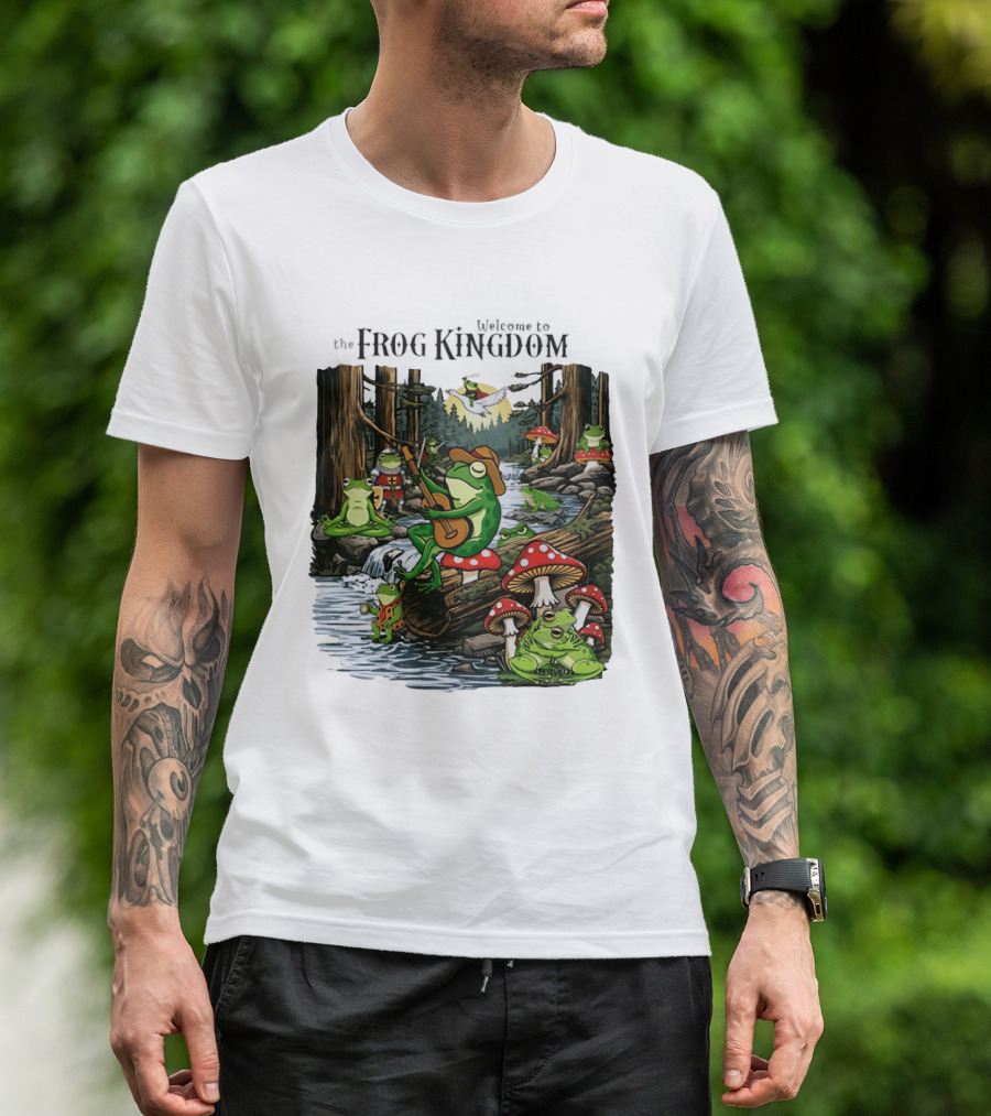 Frog Playing Guitar Forest Gathering Welcome To The Frog Kingdom T-Shirt