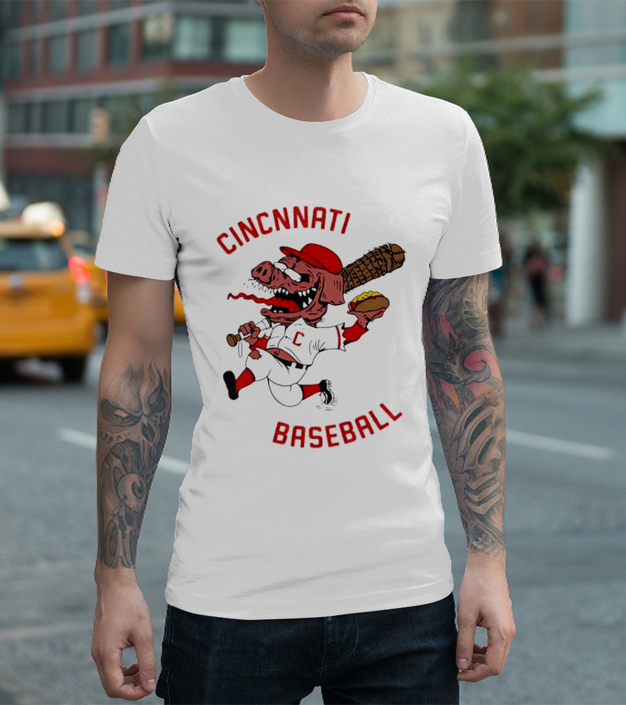 Cincinnati Baseball Pig Holding Hot Dog Bat T-Shirt
