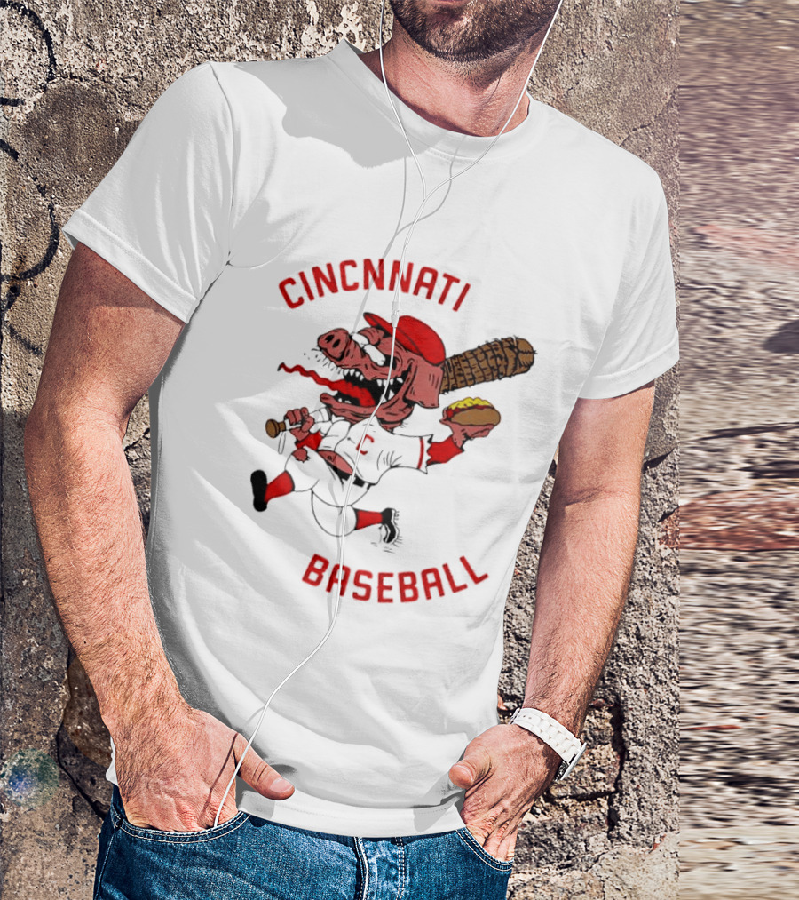 Cincinnati Baseball Pig Holding Hot Dog Bat T-Shirt