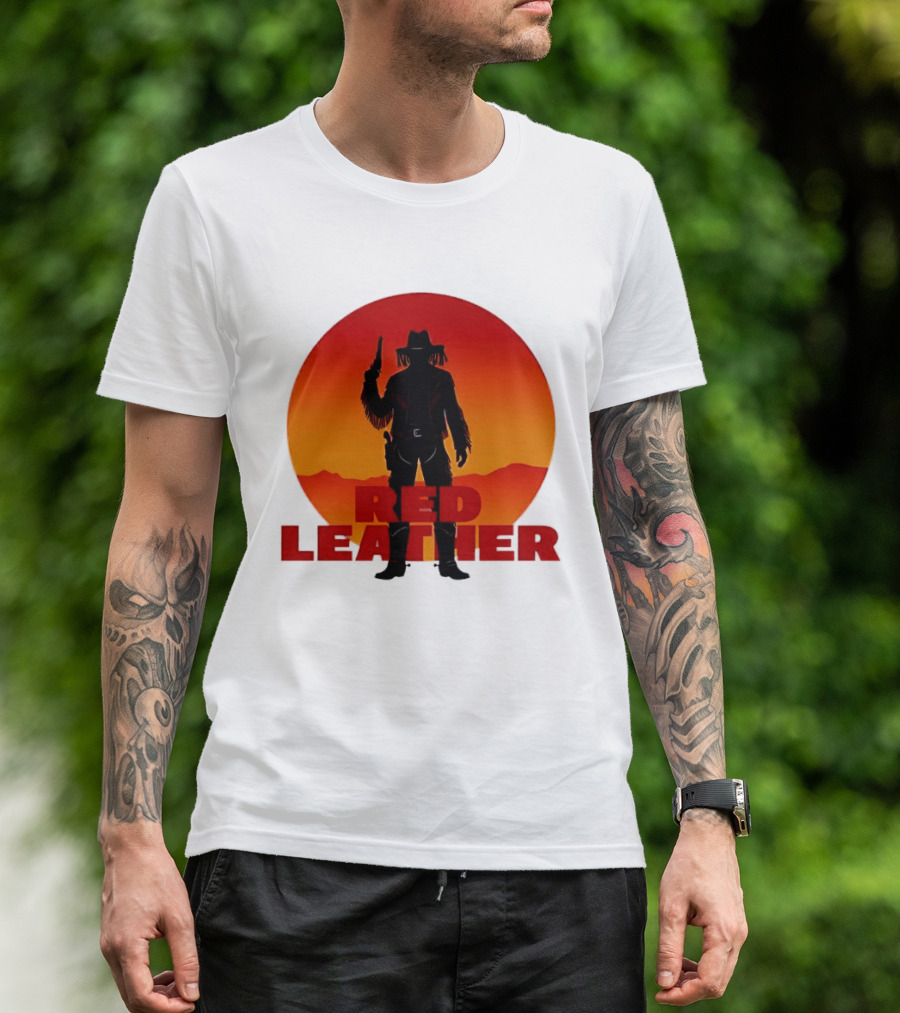 Red Leather Cowboy Sunset Silhouette With Gun And Hat In Desert T-Shirt