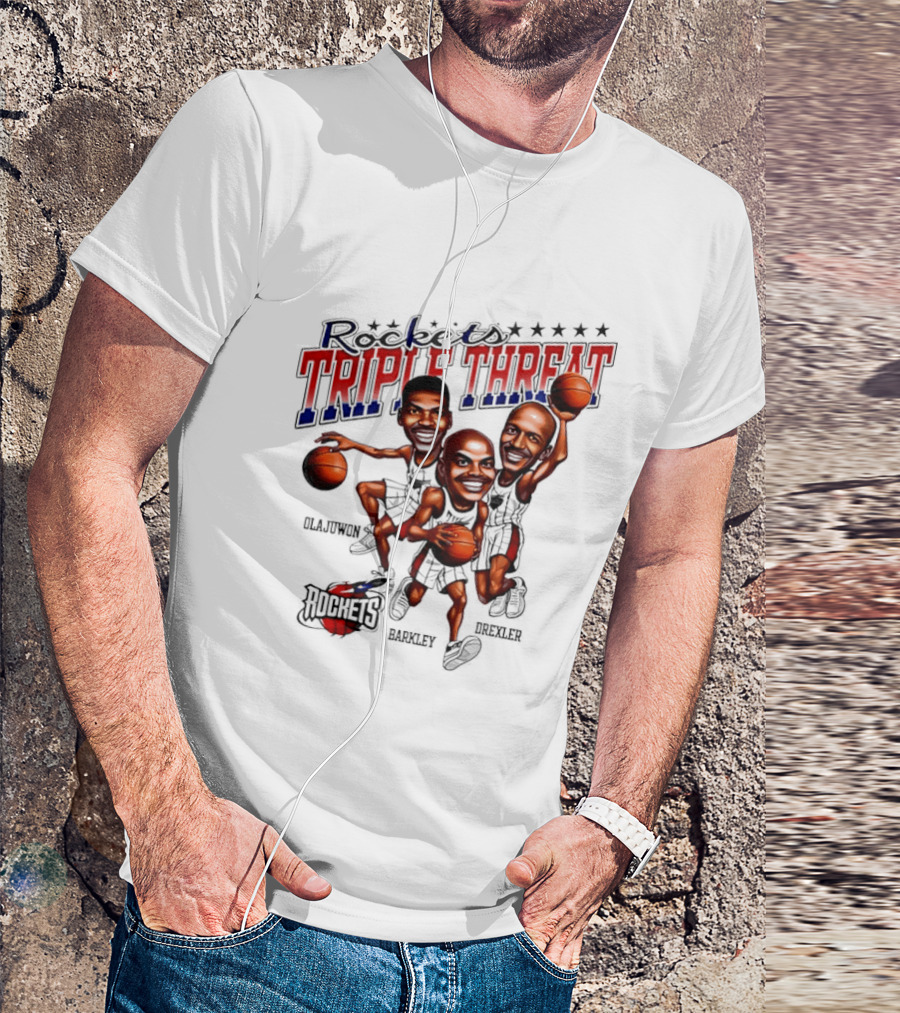 Hakeem Olajuwon Charles Barkley Clyde Drexler Rockets Triple Threat NBA Legends T-Shirt
