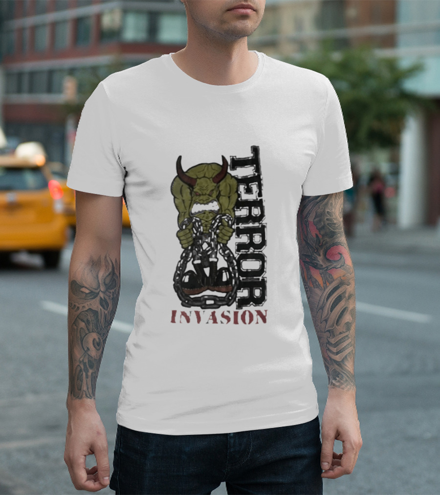 Terror Invasion Demon Holding Chains Warrior Monster T-Shirt