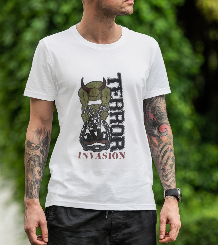 Terror Invasion Demon Holding Chains Warrior Monster T-Shirt