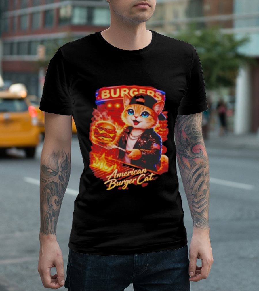 Burgers Flame Grilling American Burger Cat Fun T-Shirt