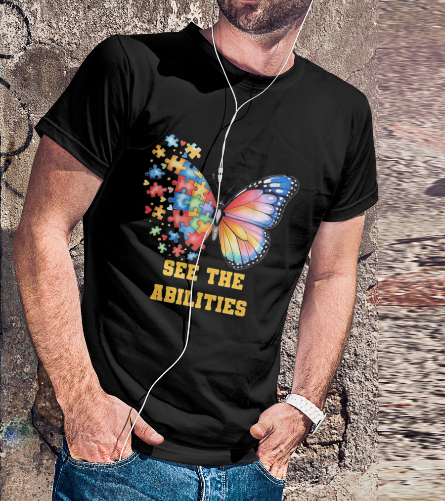 Butterfly Puzzle Pieces Autism Awareness See The Abilities T-Shirt