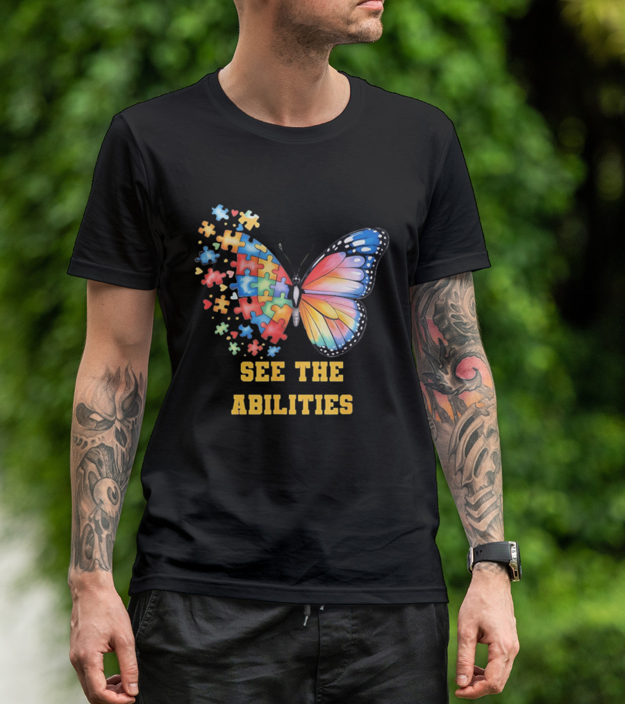 Butterfly Puzzle Pieces Autism Awareness See The Abilities T-Shirt