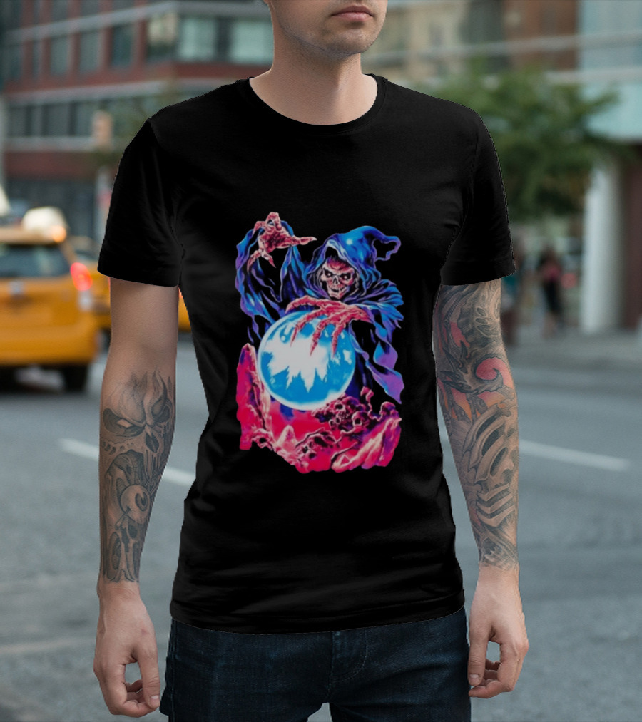 Grim Reaper Crystal Ball Skull Mystical Skeleton Hooded Cloak T-Shirt