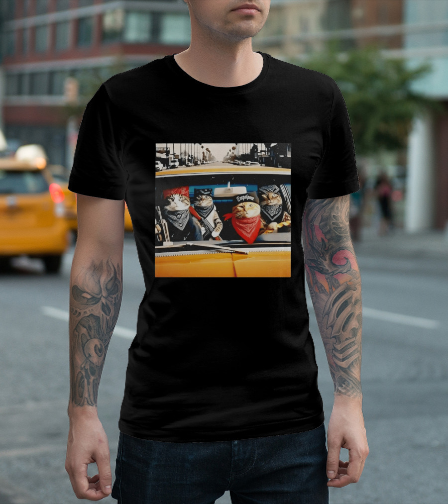Gangster Cats In Lowrider Car With Bandanas And Guns T-Shirt