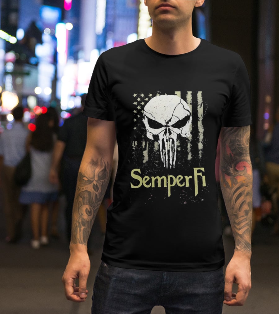 USA Flag Skull Semper Fi T-Shirt