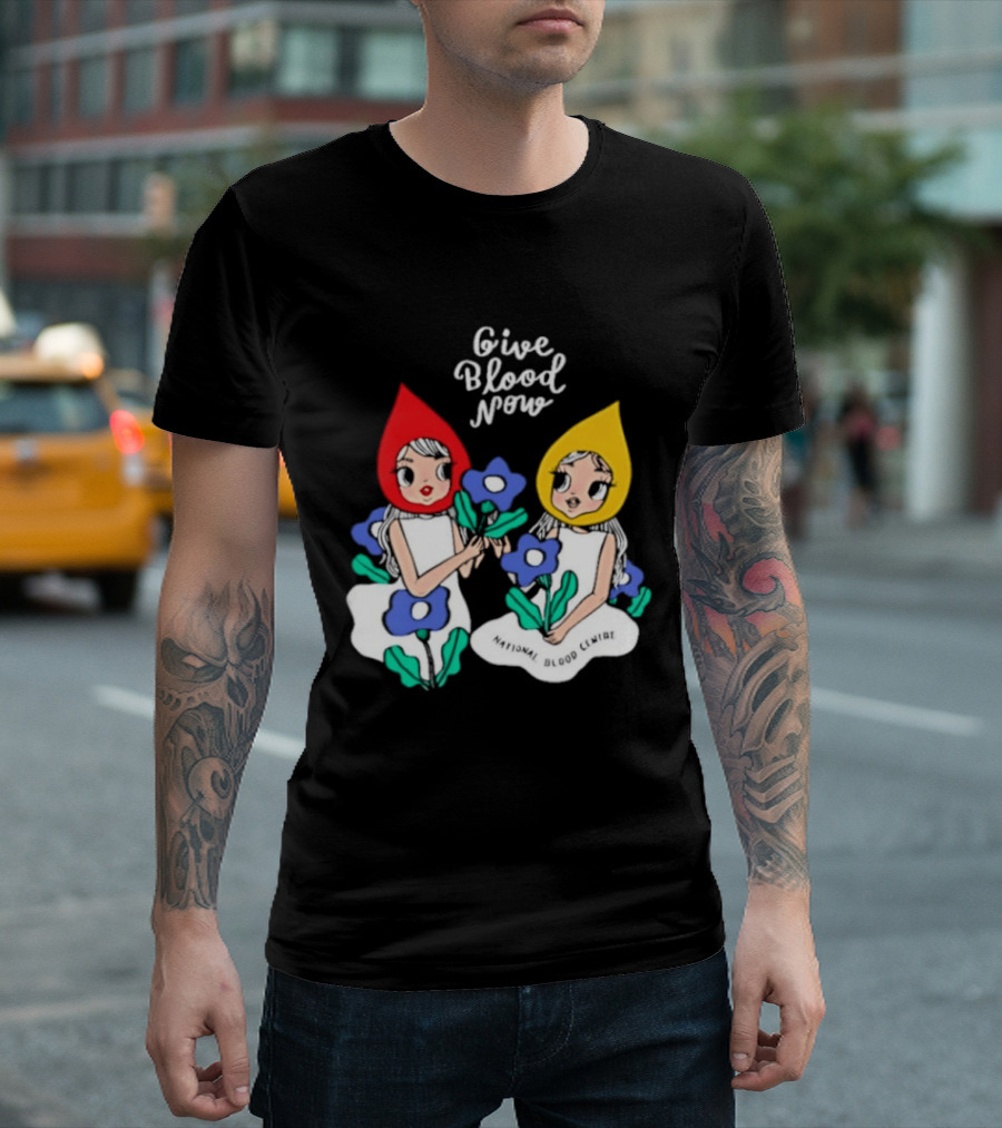 Give Blood Now National Blood Centre Cartoon Girls With Flowers T-Shirt