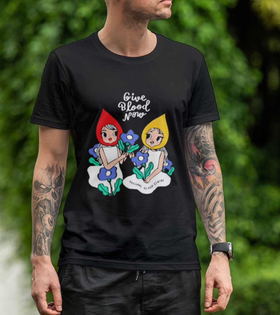 Give Blood Now National Blood Centre Cartoon Girls With Flowers T-Shirt