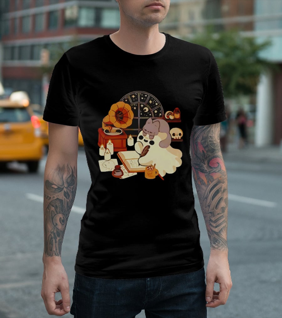 Ghost Cat Listening To Phonograph Under Night Sky While Writing T-Shirt