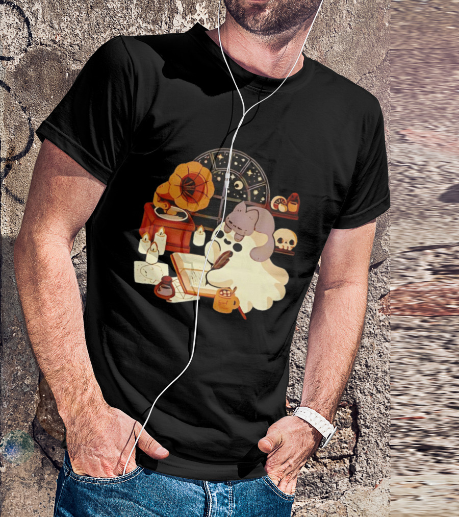 Ghost Cat Listening To Phonograph Under Night Sky While Writing T-Shirt