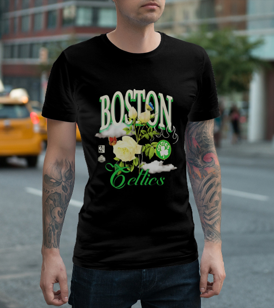 Boston Celtics Floral Roses With Butterfly And Shamrock T-Shirt