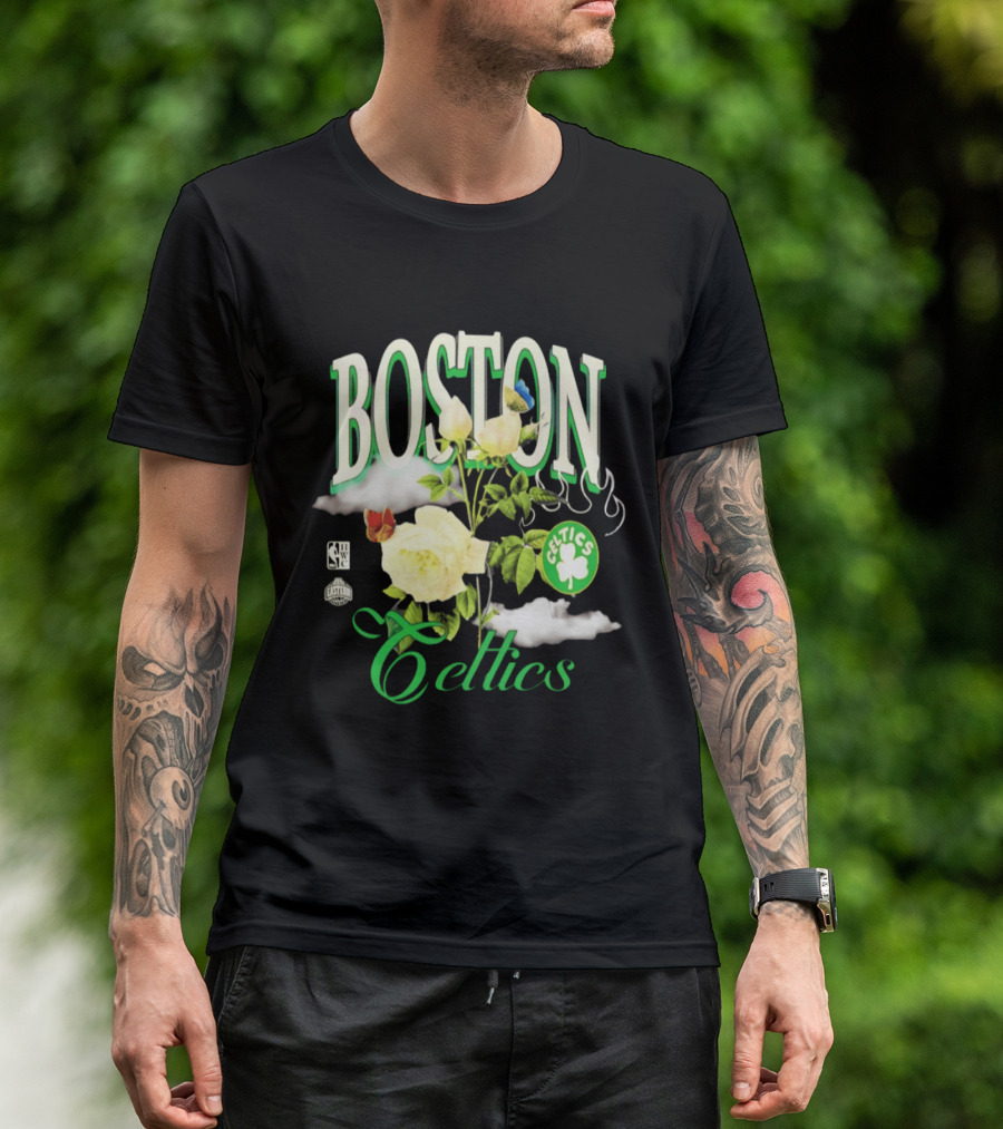 Boston Celtics Floral Roses With Butterfly And Shamrock T-Shirt