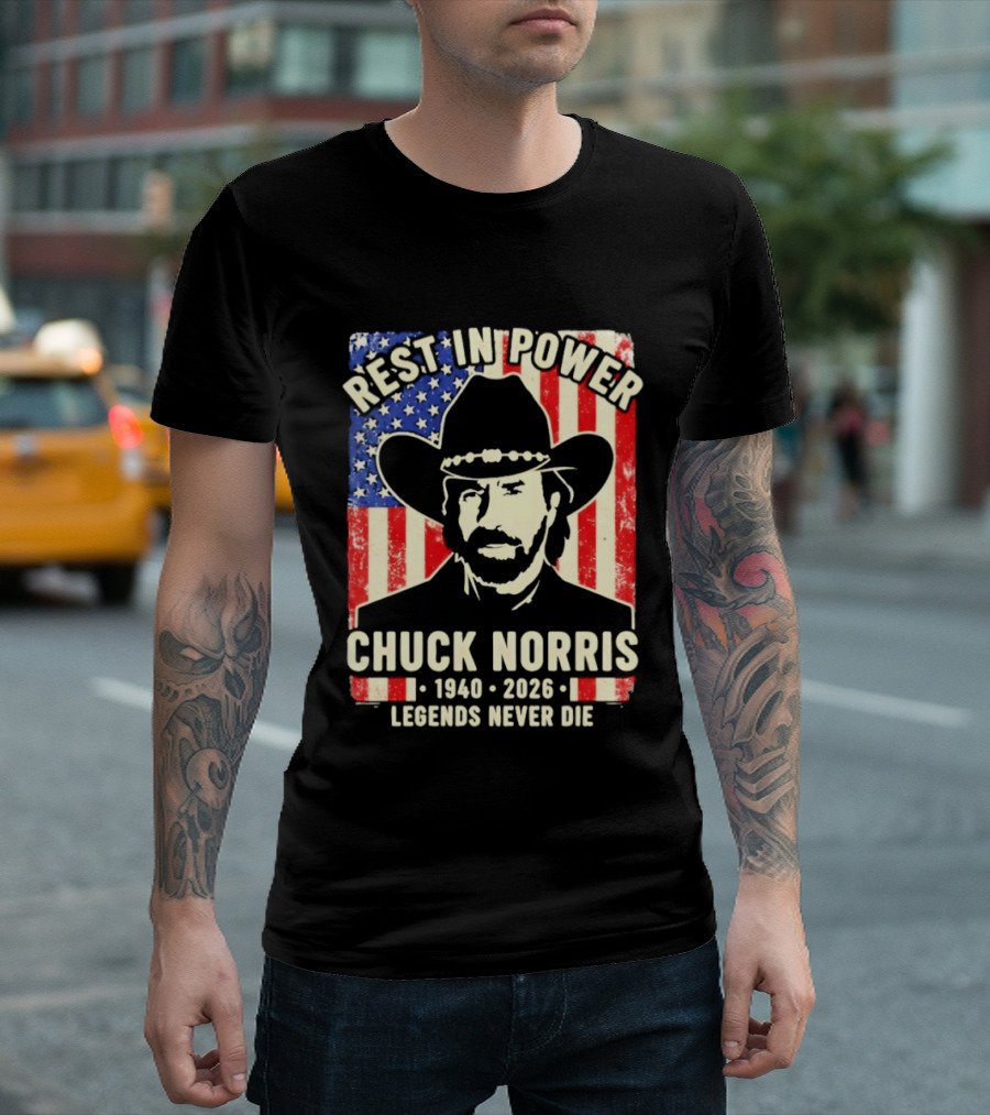 Rest In Power Chuck Norris Legends Never Die 1940 2026 Patriotic Western Cowboy T-Shirt