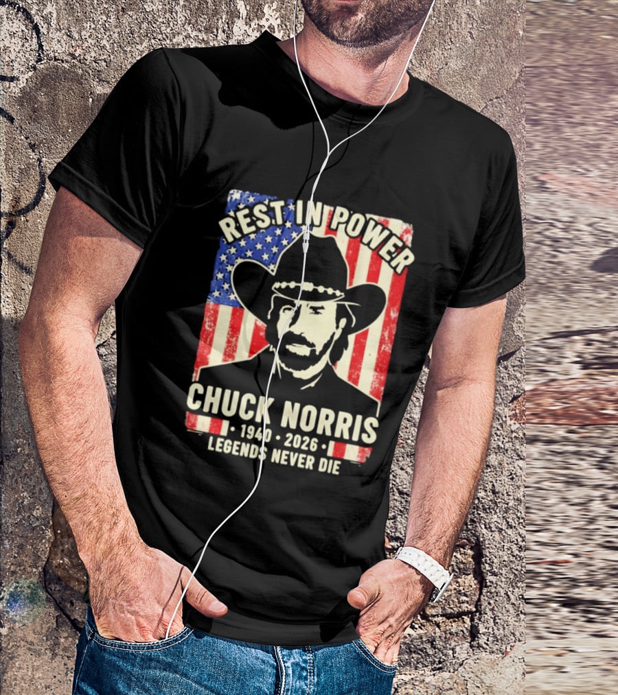 Rest In Power Chuck Norris Legends Never Die 1940 2026 Patriotic Western Cowboy T-Shirt