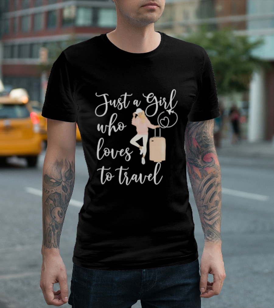 Just A Girl Who Loves To Travel With Pink Luggage And Heart T-Shirt