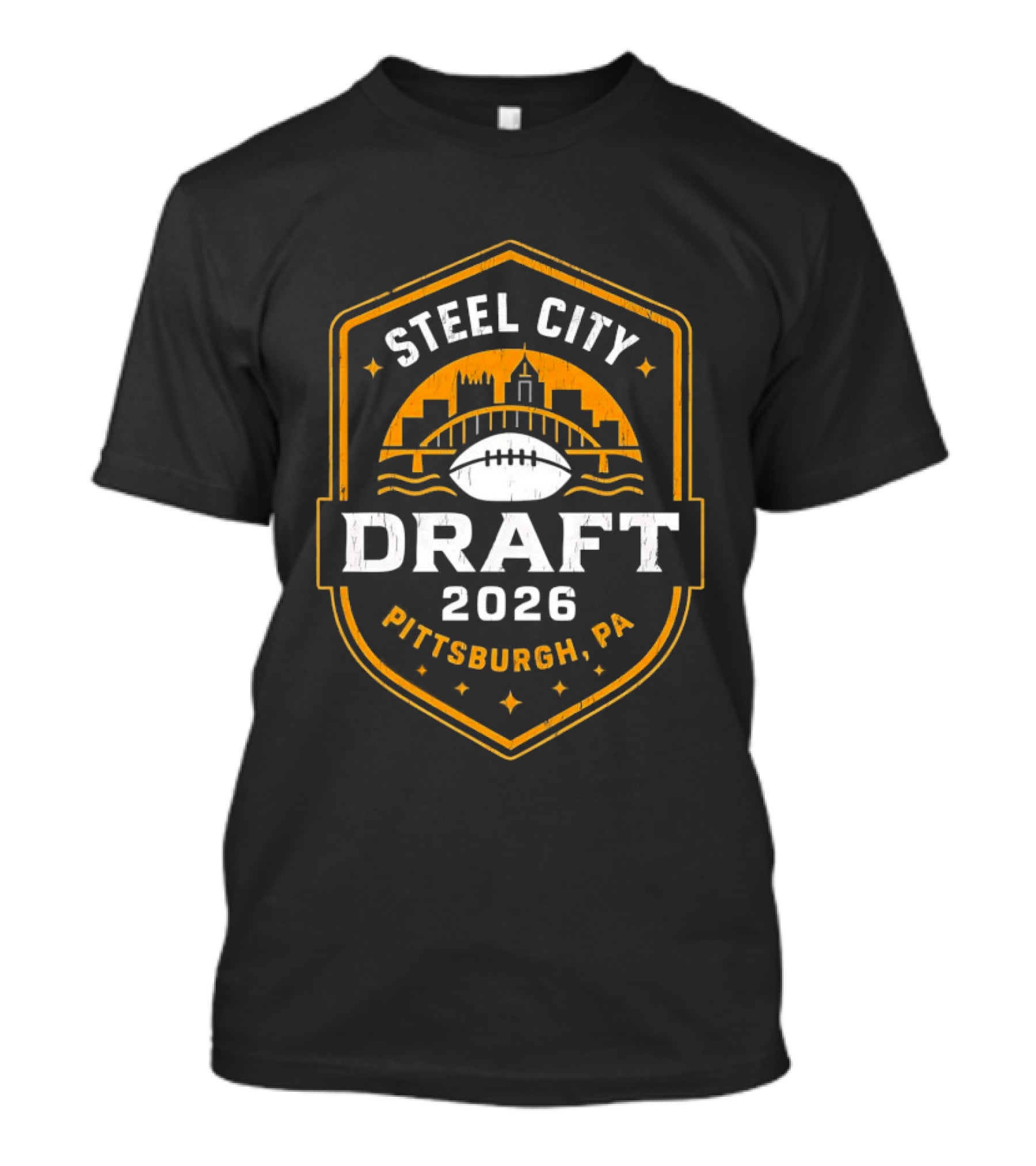 Steel City Draft 2026 Pittsburgh PA Football Shield Badge With City Skyline And Bridge T-Shirt