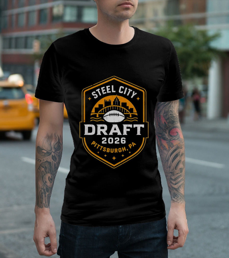 Steel City Draft 2026 Pittsburgh PA Football Shield Badge With City Skyline And Bridge T-Shirt