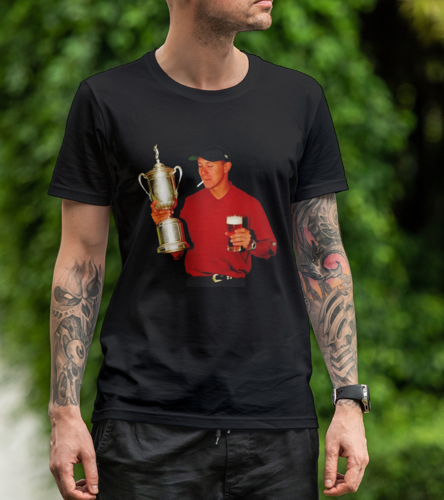 Tiger Woods Holding US Open Trophy With Cigarette And Drink In Hand T-Shirt