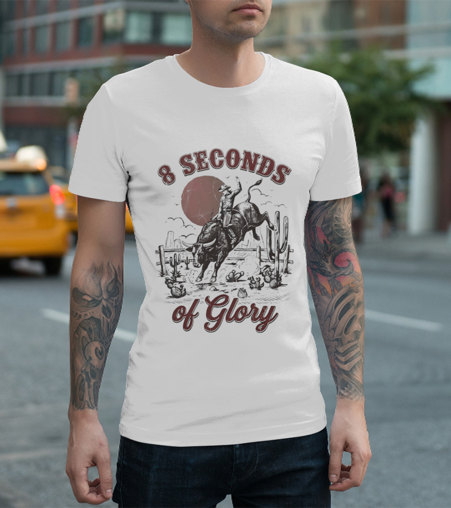 8 Seconds Of Glory Cowboy Riding Rodeo Bull Southwestern Desert Scene T-Shirt