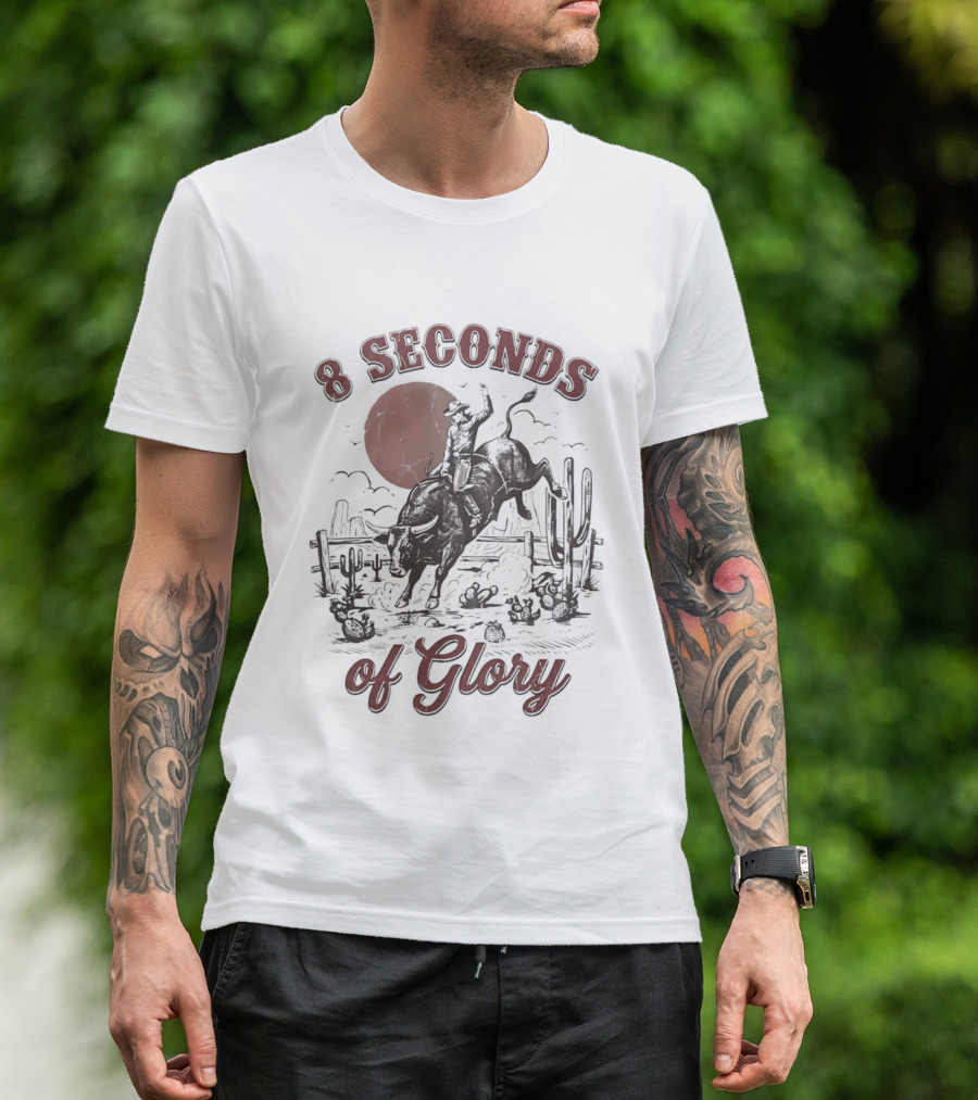 8 Seconds Of Glory Cowboy Riding Rodeo Bull Southwestern Desert Scene T-Shirt
