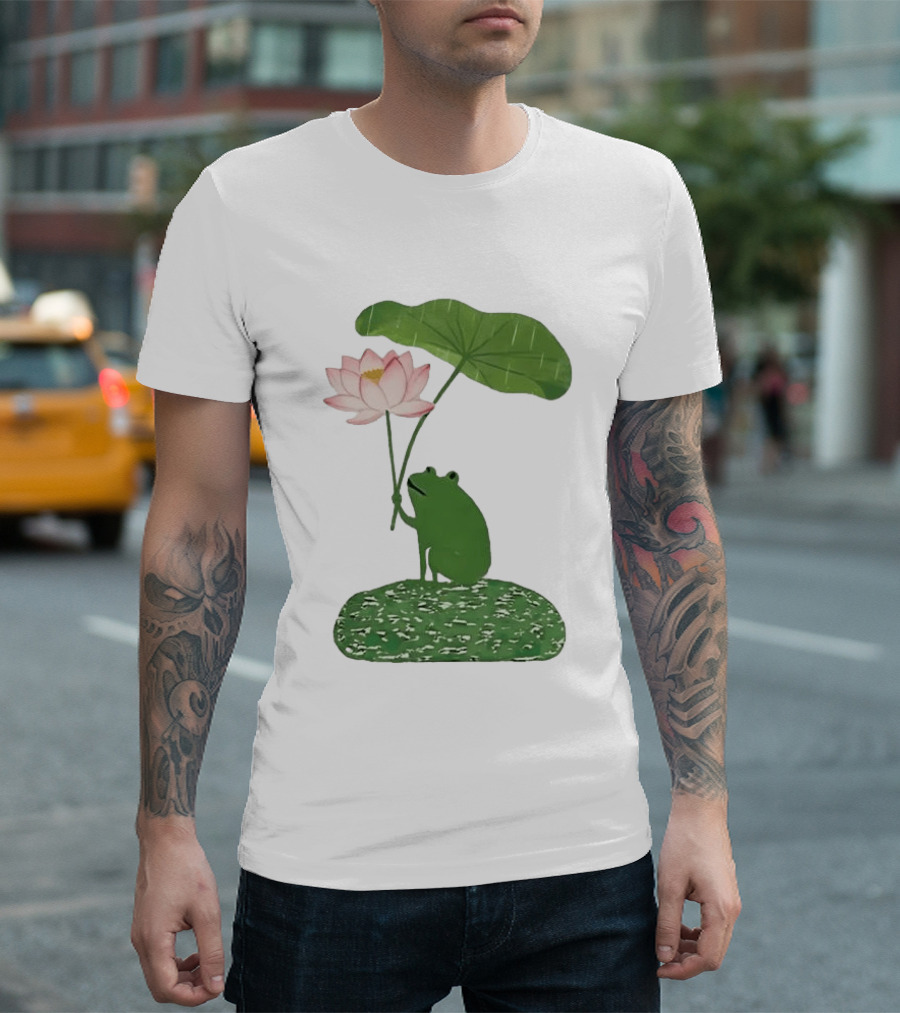 Frog With Lotus Umbrella Under The Rain Meme Cute Nature Scene T-Shirt