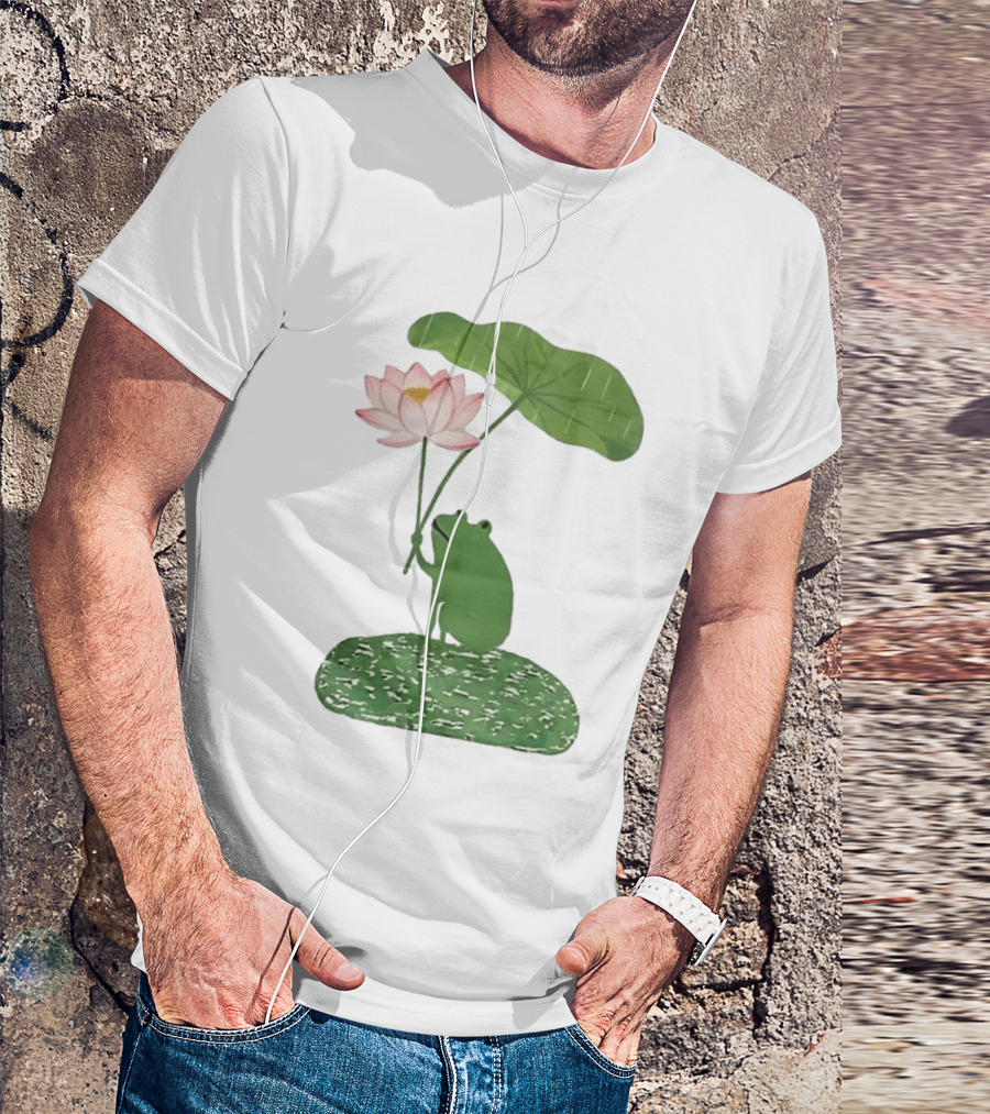 Frog With Lotus Umbrella Under The Rain Meme Cute Nature Scene T-Shirt