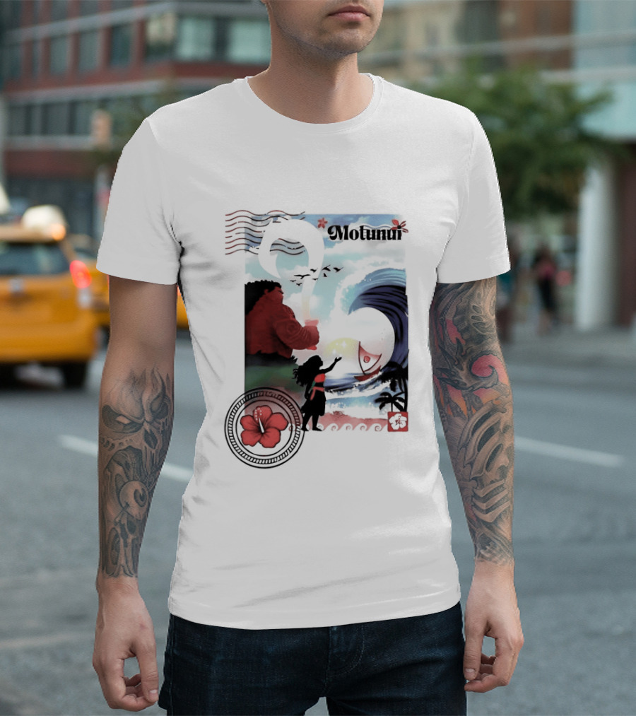 Motunui Postage Stamp Ocean Wave Hibiscus Blossom T-Shirt