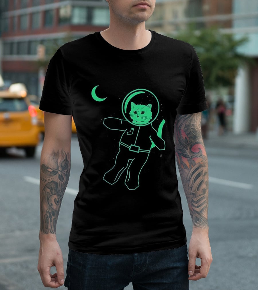 Glow In The Dark Astronaut Neon Cat With Moon Phases T-Shirt