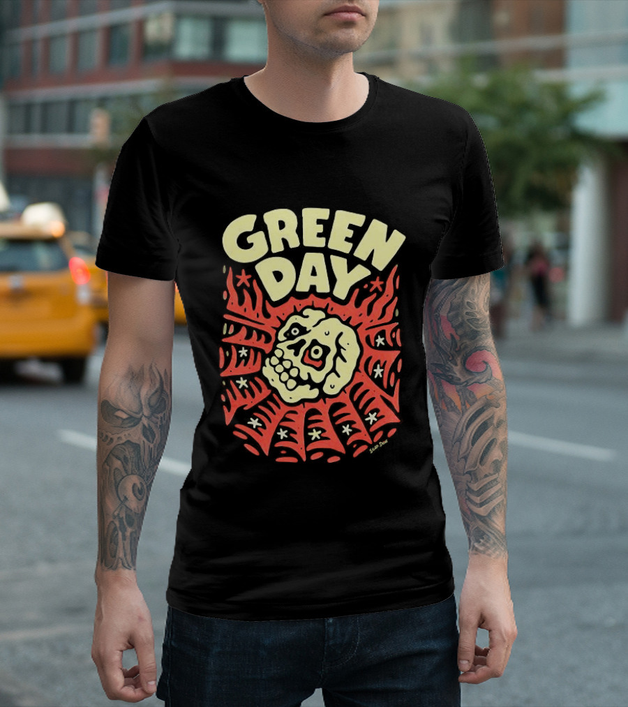 Green Day Skull Spider Red And Cream T-Shirt