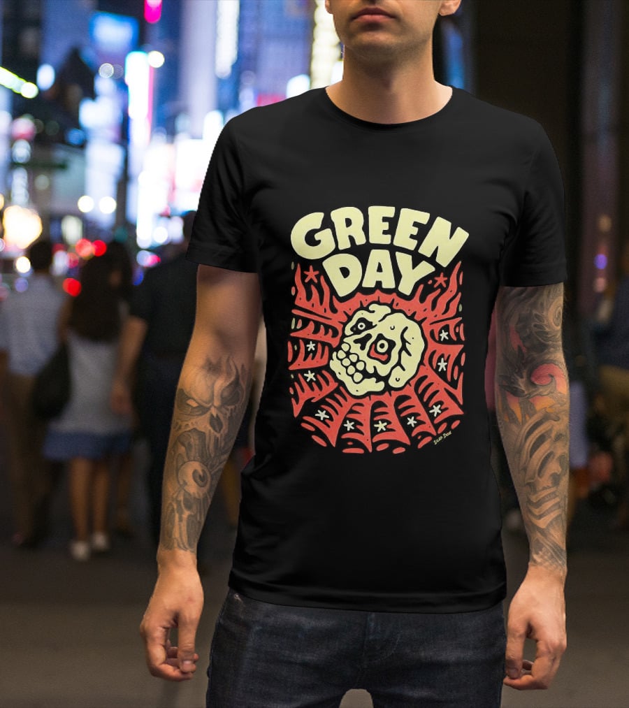 Green Day Skull Spider Red And Cream T-Shirt