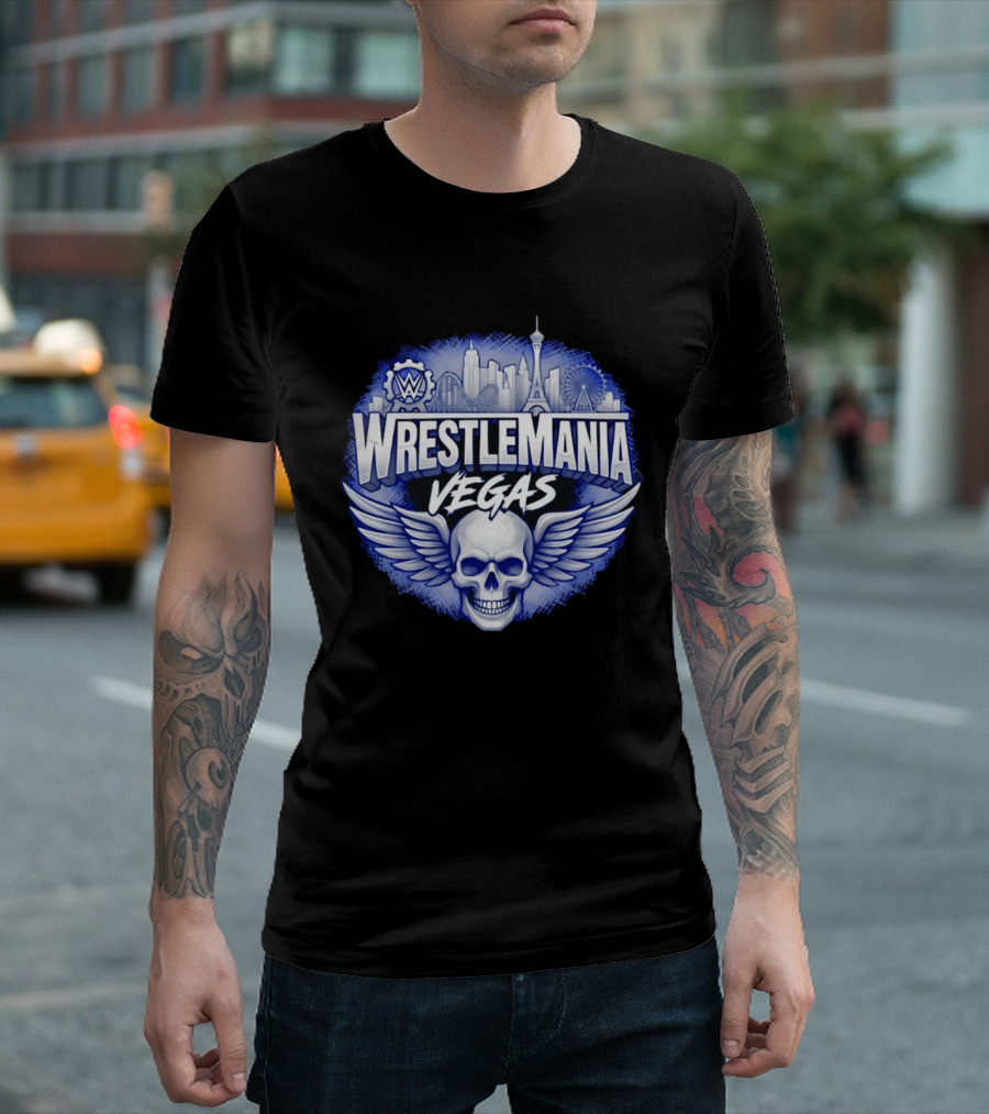 Cody Rhodes WWE Wrestlemania Vegas 42 Skull Wings Skyline T-Shirt